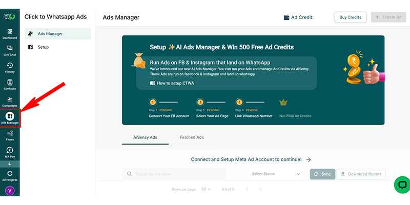 AiSensy Click-to-WhatsApp Ads user interface
