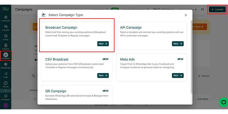 Aisensy WhatsApp Broadcasting user interface