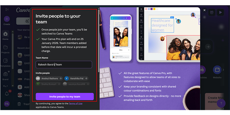 Canva Pro Invite people to your team user interface