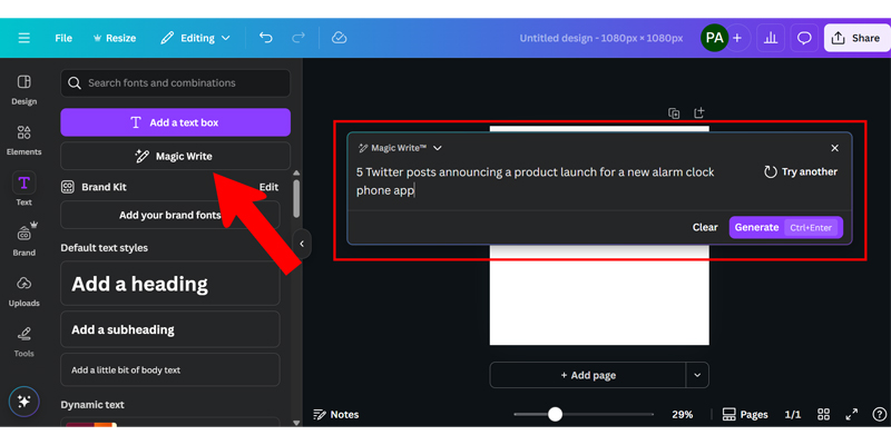 Canva Text and Fonts user interface