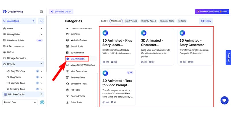 GravityWrite 3D Animation Tools User Interface