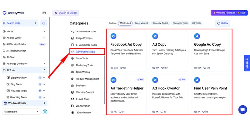 GravityWrite Advertisement Tools User Interface