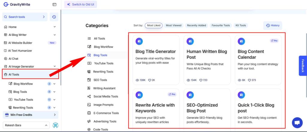 GravityWrite Blog Tools User Interface