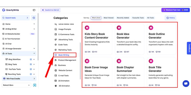 GravityWrite Book Writing Tools User Interface