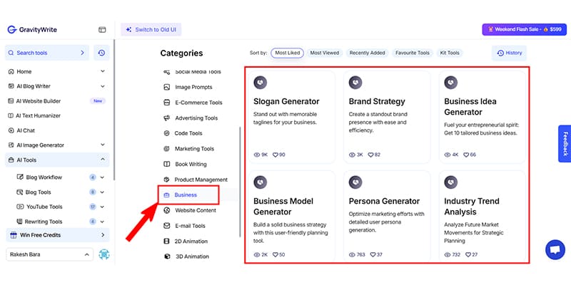 GravityWrite Business Tools User Interface