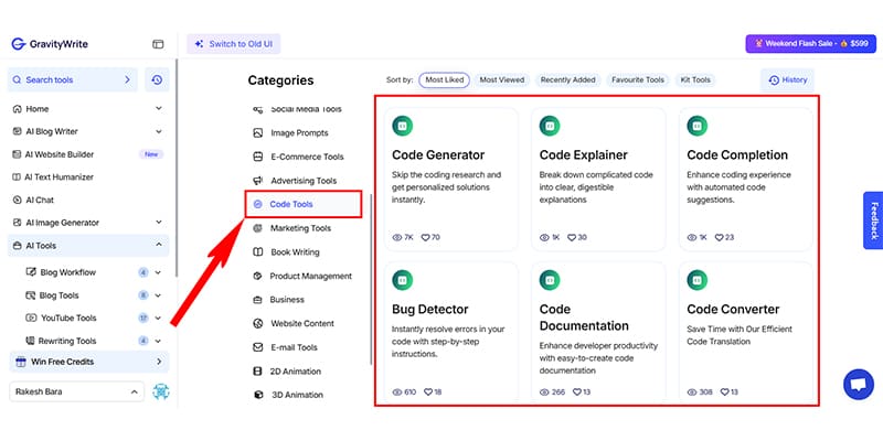 GravityWrite Code Tools User Interface