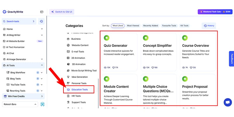 GravityWrite Education Tools User Interface