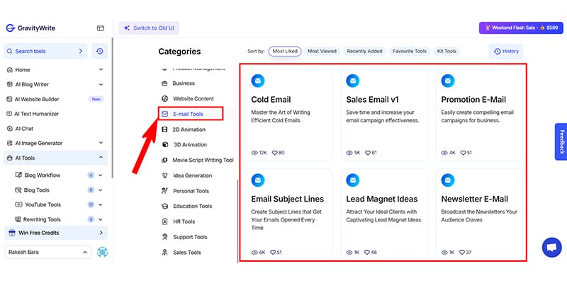 GravityWrite Email  Tools User Interface