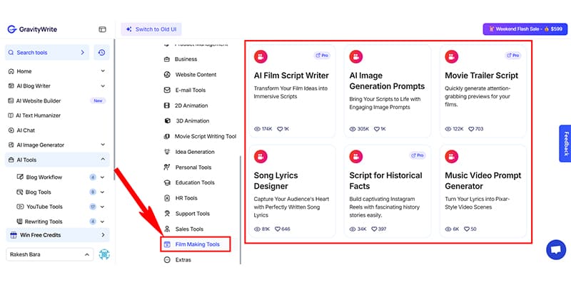 GravityWrite Film Making Tools User Interface