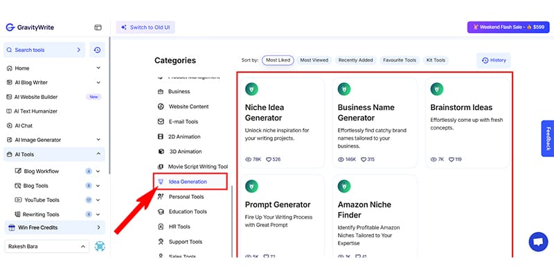 GravityWrite Idea Generation Tools User Interface