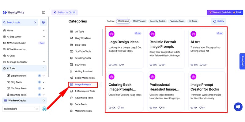 GravityWrite Image Prompt Tools User Interface