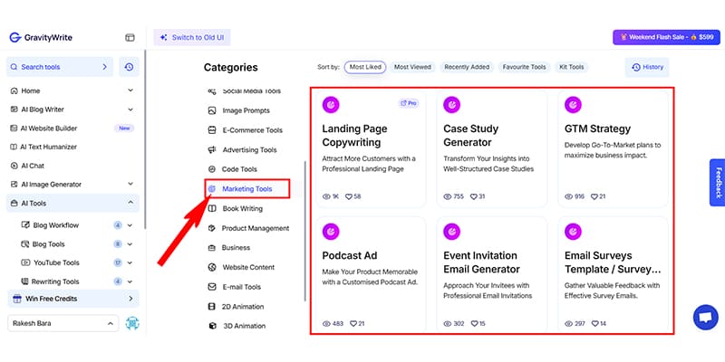 GravityWrite Marketing Tools User Interface