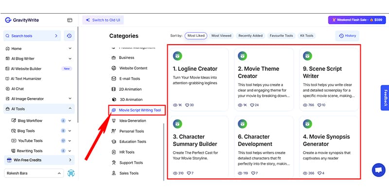 GravityWrite Movie Script Writing Tools User Interface