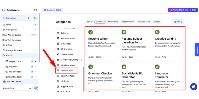 GravityWrite Personal Tools User Interface