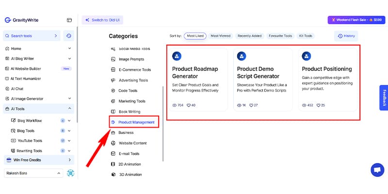 GravityWrite Product Management Tools User Interface