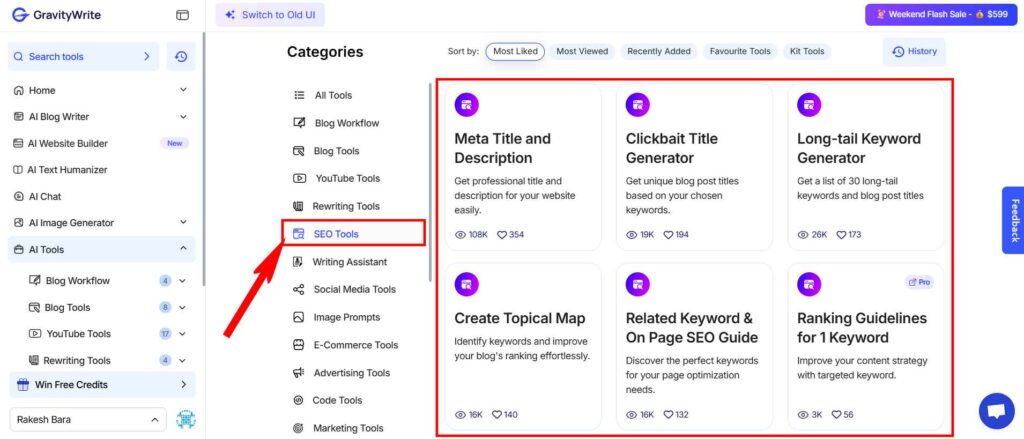 GravityWrite SEO Tools User Interface