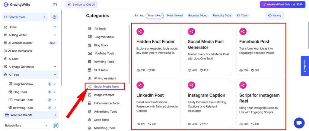 GravityWrite Social Media Tools Tools User Interface