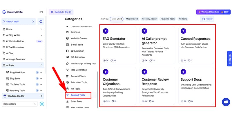 GravityWrite Support Tools User Interface