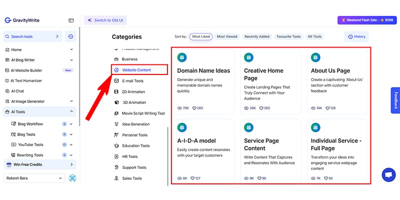 GravityWrite Website Content Tools User Interface