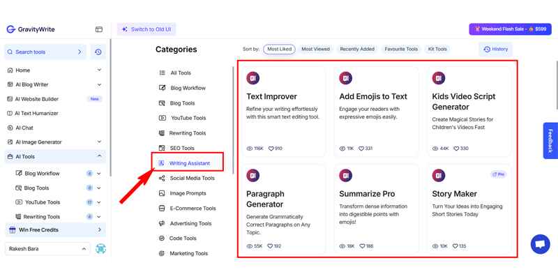 GravityWrite Writing Assistant Tools User Interface