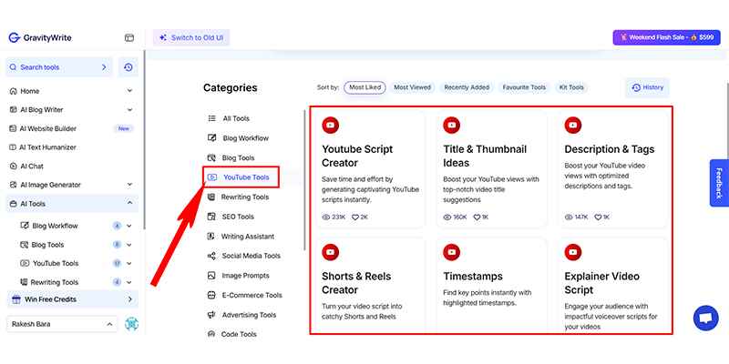 GravityWrite Youtube Tools User Interface