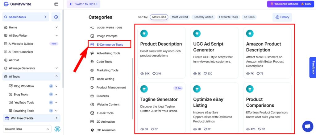 GravityWrite eCommerce Tools User Interface