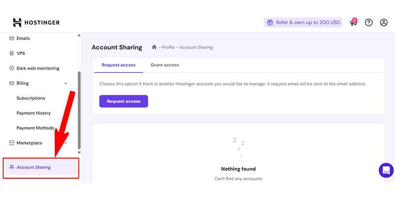 Hostinger Dashboard Account Sharing Section