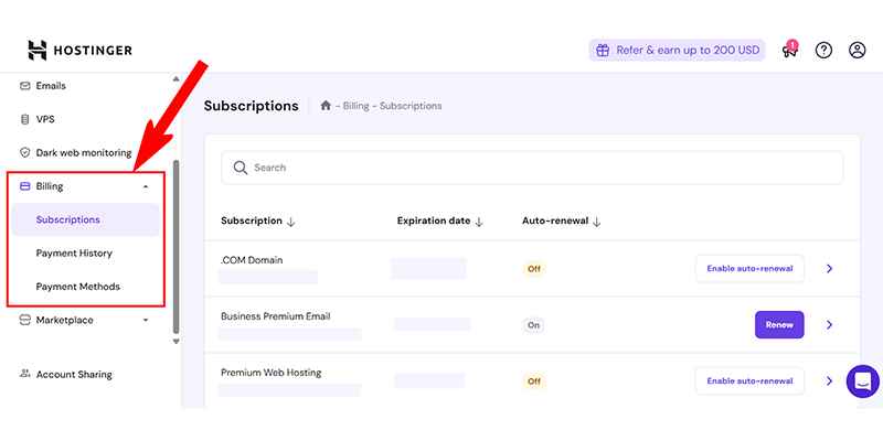 Hostinger Dashboard Billing Section