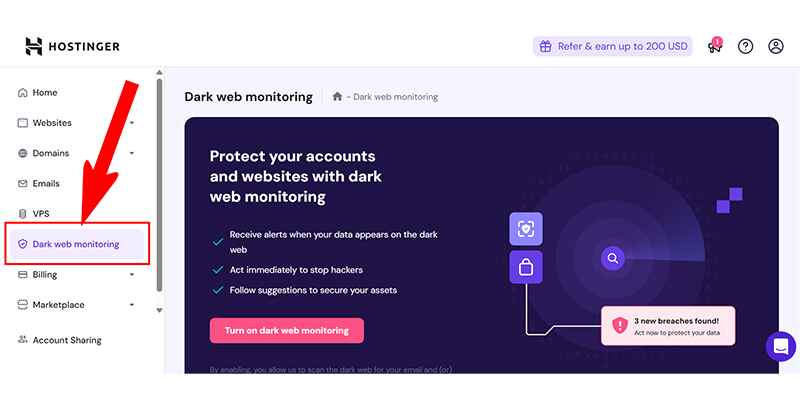 Hostinger Dashboard Dark Web Monitoring