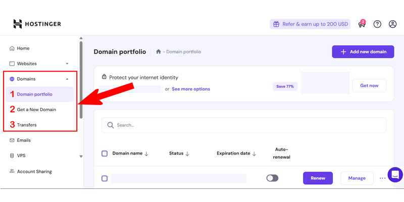 Hostinger Dashboard Domain Section