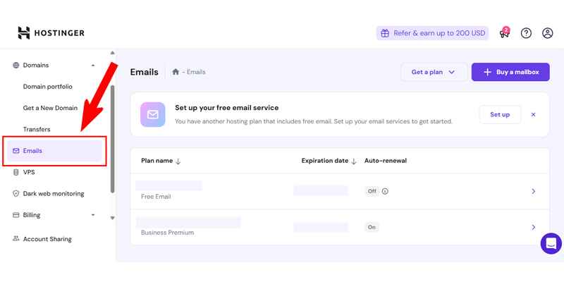Hostinger Dashboard Email Section