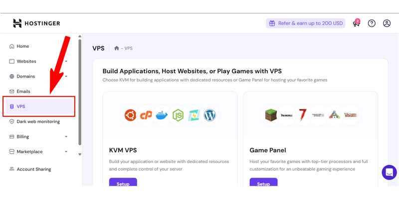 Hostinger Dashboard VPS Section
