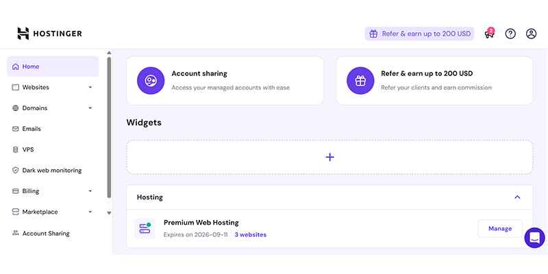 Hostinger hPanel Dashboard