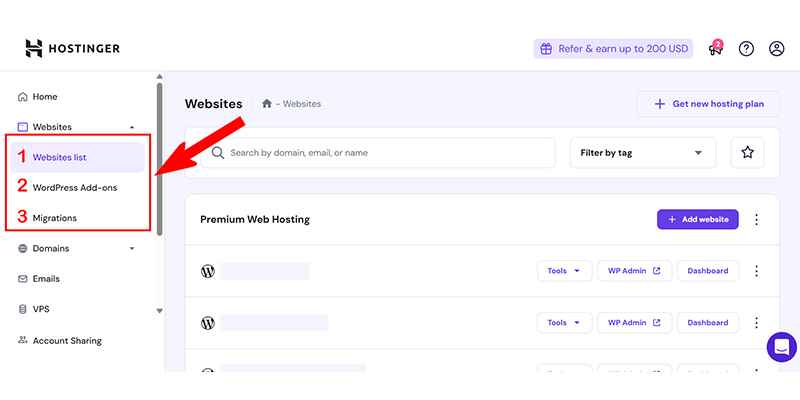 Hostinger Dashboard- Website Section